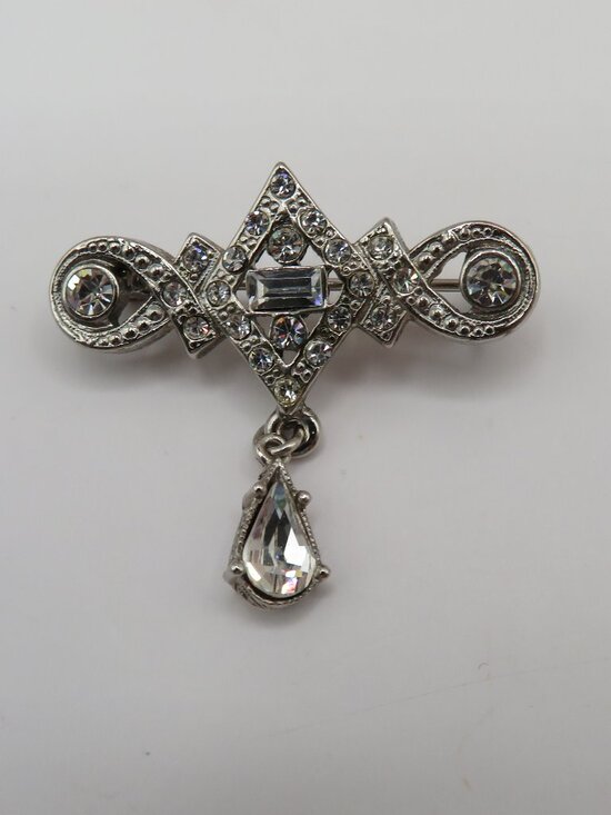 Vintage Art Deco Rhinestone Accent Decorative Bar Silver Tone Brooch - Picture 3 of 7